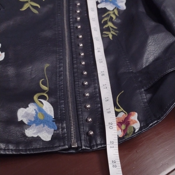 Black Leather Synthetic Motorcycle Jacket with Floral Embroidery - Picture 13 of 16